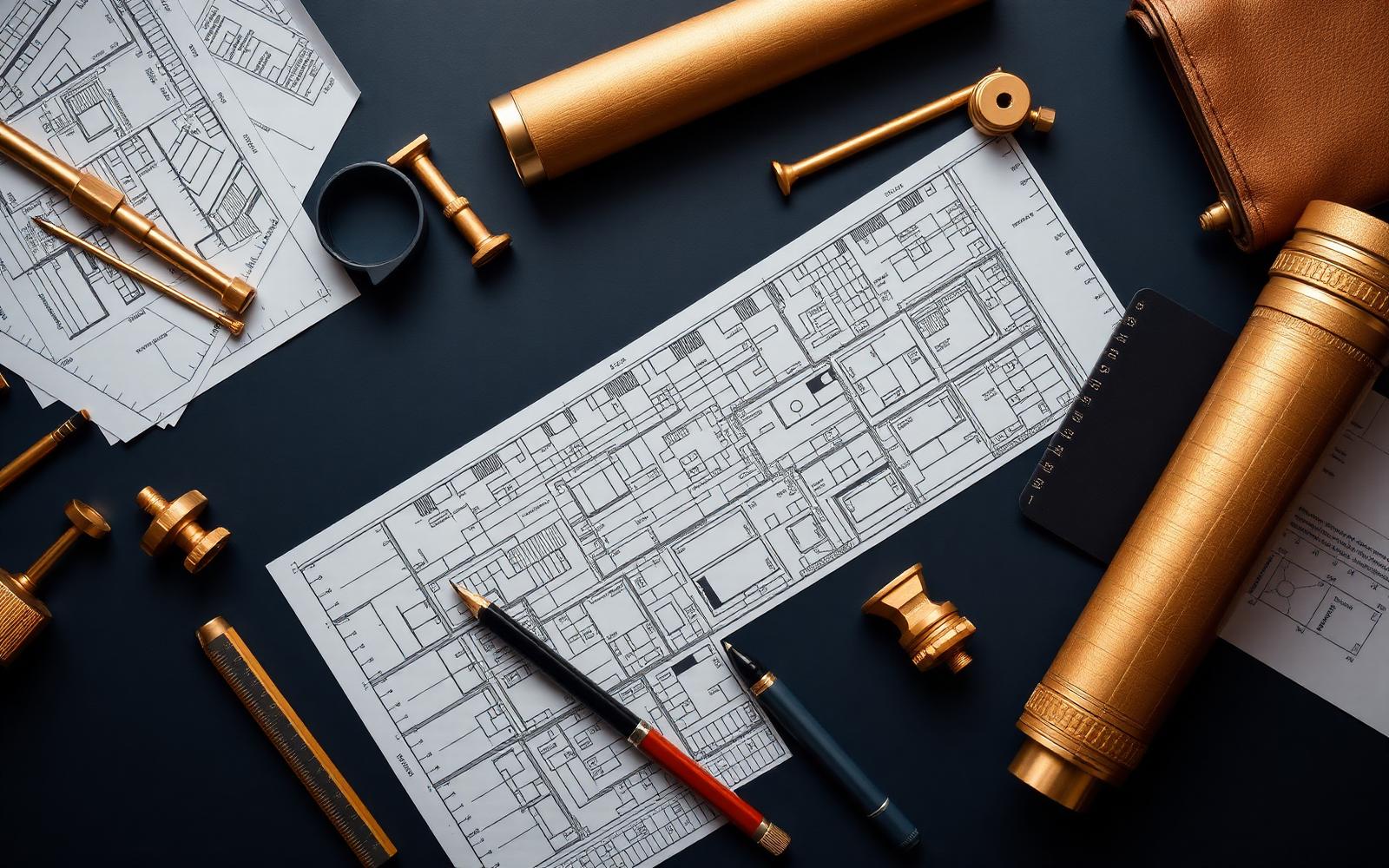 Editorial flatlay of architectural plans and lending strategy documents